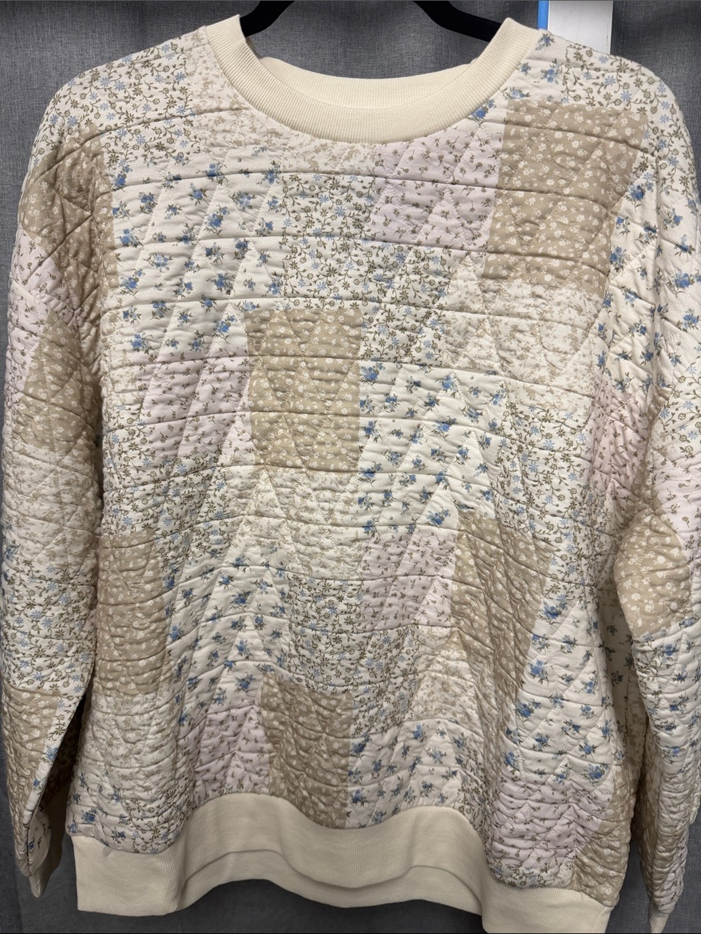 J.O.A. Quilted Patchwork Crewneck Sweater in Beige, Cream & Blue